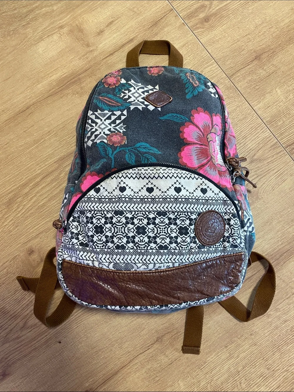 Roxy Black Canvas Mini Backpack with Pink Floral Print
